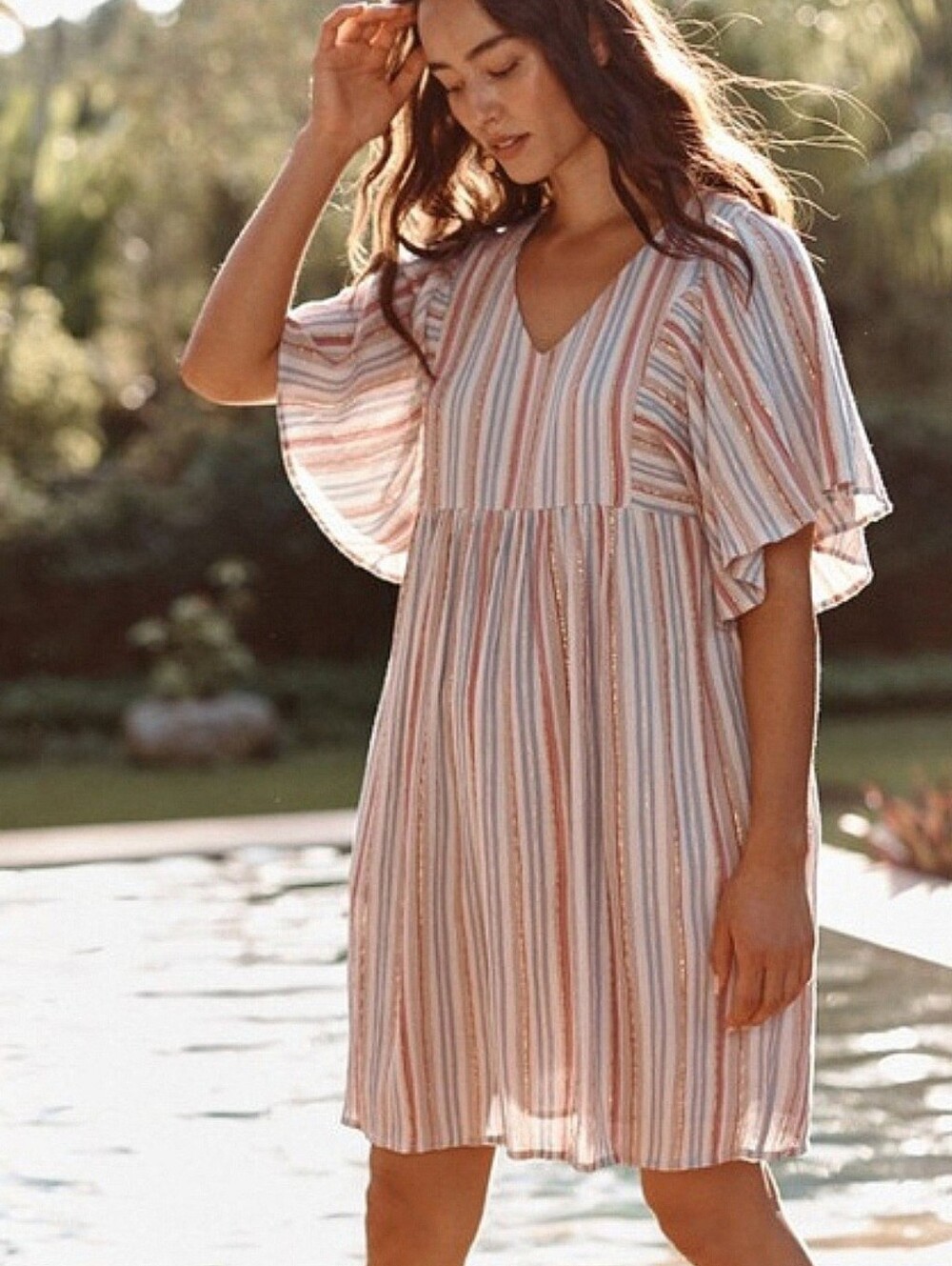 Garnet Hill Lola Shimmering Metallic Stripe Organic Cotton Dress
